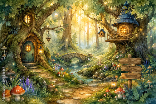 Enchanted fairy forest with tree houses, fireflies, mushrooms and a bridge over a stream in a warm glow