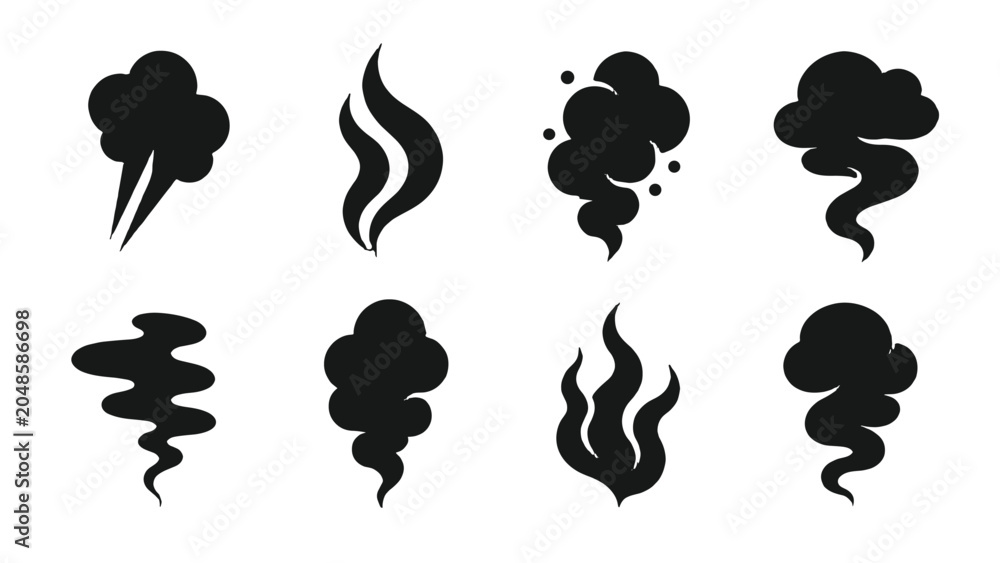 Fototapeta premium Black smoke and steam silhouette icon set on white background