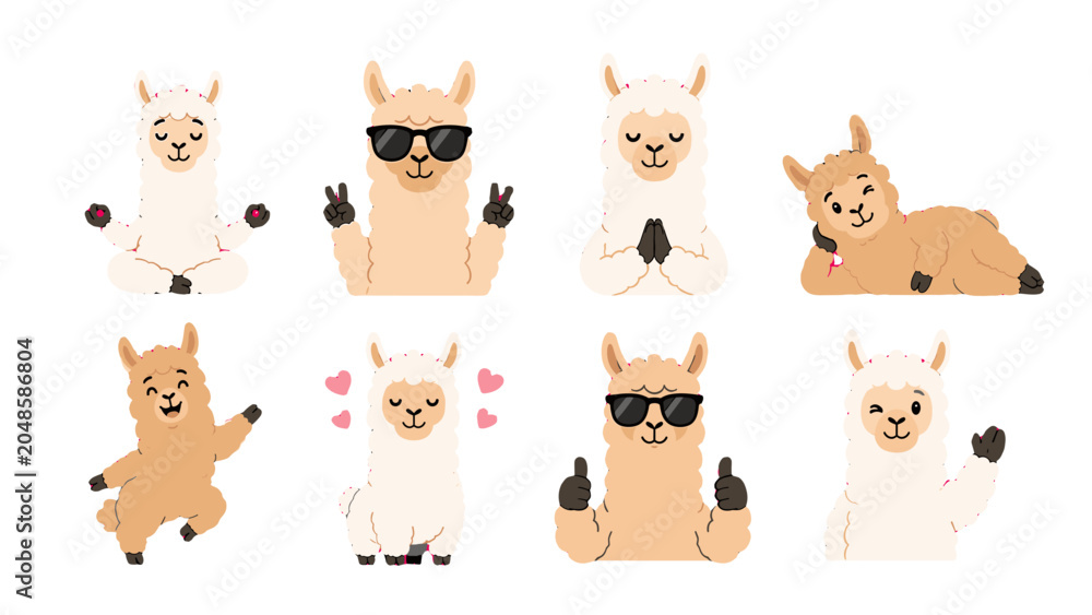 Obraz premium Cute llama cartoon character set with different poses and gestures