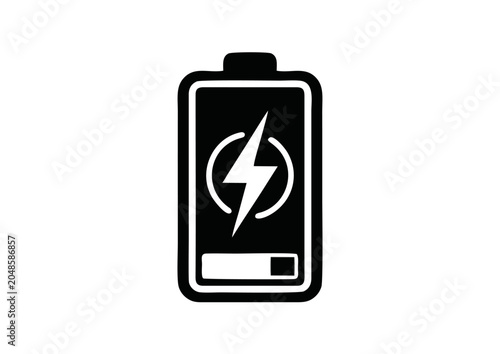 Minimalist Battery Icon with Lightning Bolt and Low Charge Indicator in Black and White Design Representing Electrical Energy, Power Storage and Modern Charging Technology Concept