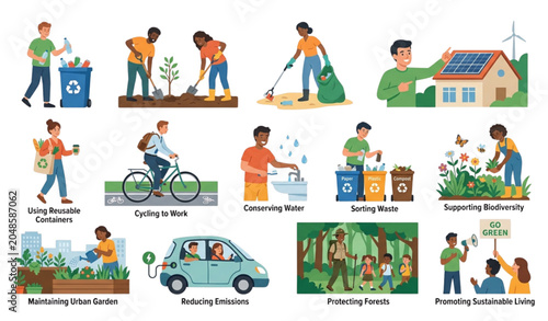 Environmental protection people collection featuring recycling conservation and sustainable living activities