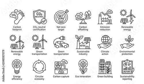 Foto Carbon footprint and net zero outline icon set with CO2 neutral sustainability s