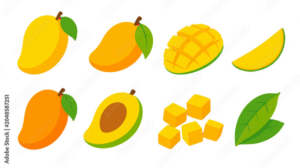 Obraz premium Set of mango fruit pieces and leaves in flat vector style