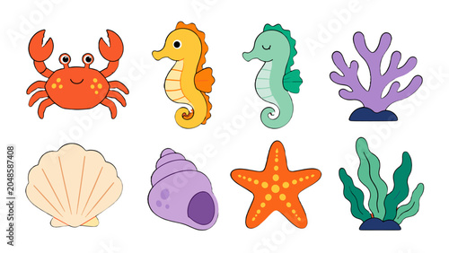 Foto Cute ocean animals and sea elements cartoon vector set