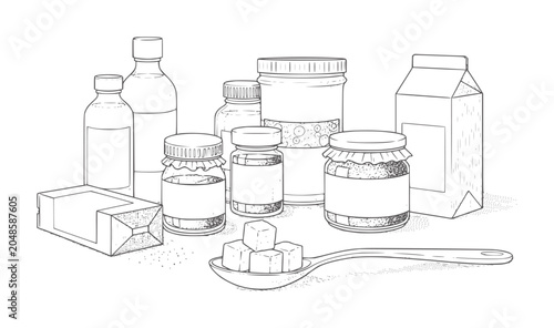 Cuadro en lienzo Assortment of glass jars bottles and carton with sugar cubes spoon