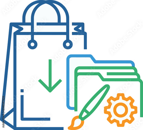 A colorful illustration of a shopping bag with a file and pencil, symbolizing e-commerce and editing