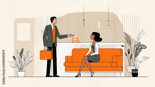 Business man and woman talking in a modern office lobby with orange furniture and professional interior design