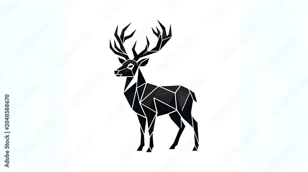 Naklejka premium Geometric deer silhouette illustration, black low poly stag with large antlers vector art on white background.