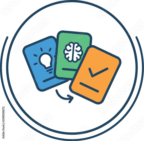 A colorful illustration of three cards with different symbols in a circular motion