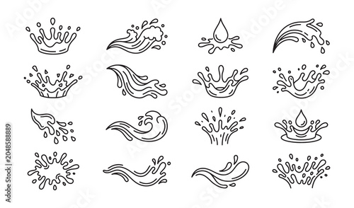 Various water splash and wave icons for liquid design and graphic projects. Vector illustration