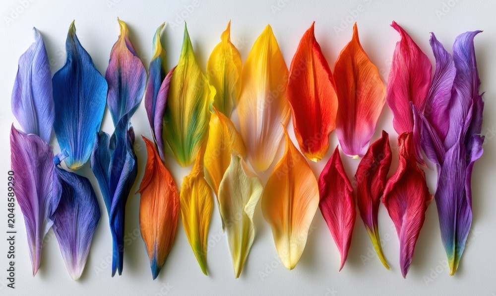 Naklejka premium Dried flower petals in rainbow gradient, arranged neatly on white surface