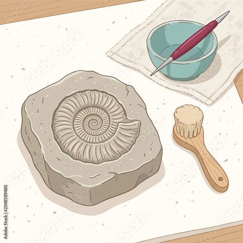 Schilderij op canvas Fossil Ammonite Shell Rock Brush.