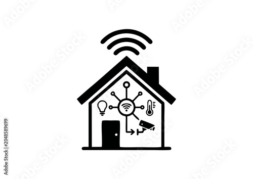 Smart Home Icon with Wi‑Fi Signal, Light Bulb, Thermostat, Camera and Circuit Gear in Black and White Design Representing Home Automation, IoT Connectivity and Modern Digital Technology Concept