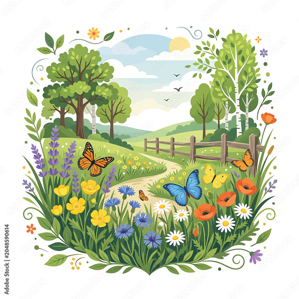 Obraz premium Colorful butterflies and wildflowers landscape scene.