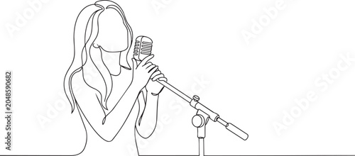 Schilderij op canvas Continuous line drawing, woman singing, microphone, music performance, vocalist