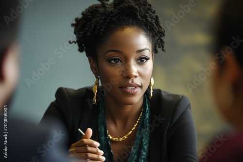 Focused black woman in a business suit speaks intently during a meeting, holding a pen in her hand.