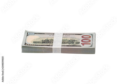 A neatly bundled stack of 100 US dollar bills, isolated on transparent. Concept for finance, banking, business, investment and economy. High-quality studio shot.