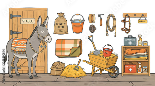 Tableau sur toile Donkey standing next to farm tools.