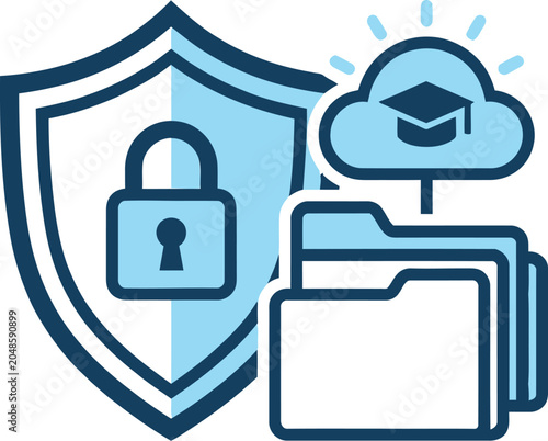 A graphic illustration of a shield with a padlock and folders with a cloud and graduation cap symbolizing secure education and data protection