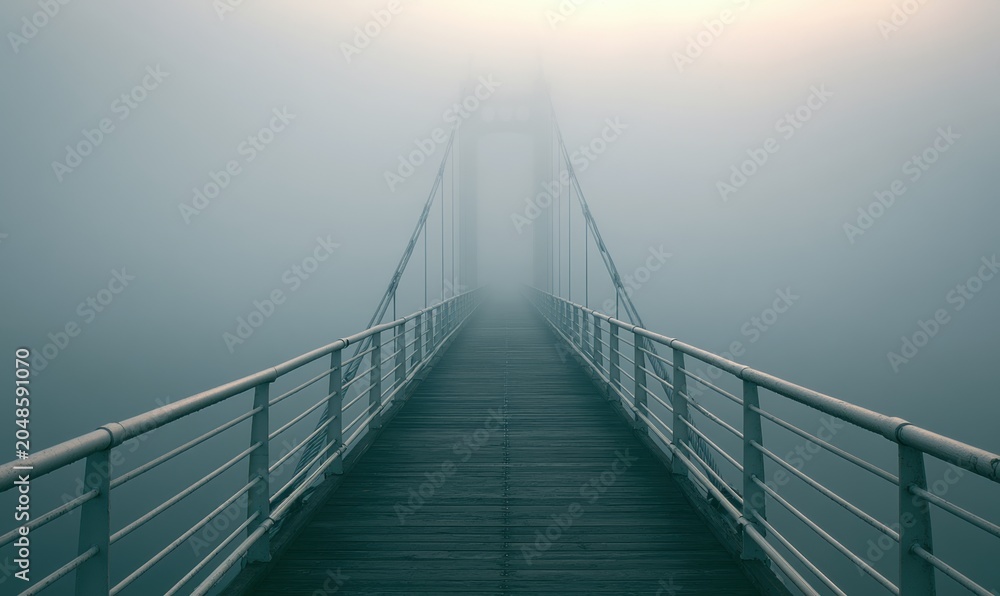 Fototapeta premium Suspended bridge vanishes into thick morning fog