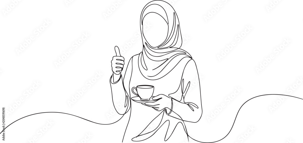 Fototapeta premium Continuous line drawing, Muslim woman in hijab holding coffee cup, giving thumbs up, minimalist vector illustration