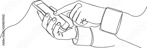 Continuous line drawing, hand holding smartphone, minimalistic mobile phone illustration, vector graphics