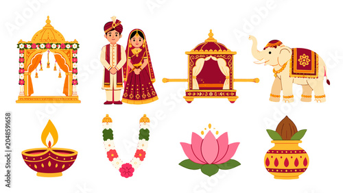 Photos Indian wedding icon set with bride groom mandap elephant and diya
