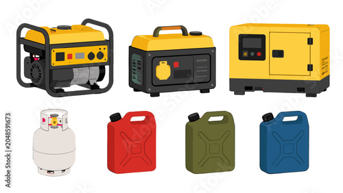 Schilderij op canvas Portable generators, gas cylinder and fuel canisters set