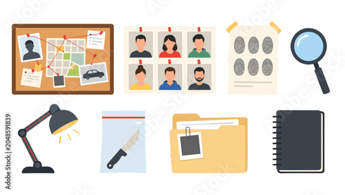 Photos Detective investigation tools and evidence board vector set