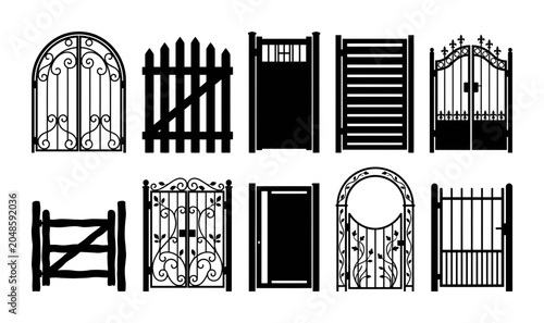 10 silhouette pack Garden Gates and Fence Doors icon pack with garden gate, fence, door, wrought iron, and entryway in black silhouette vector