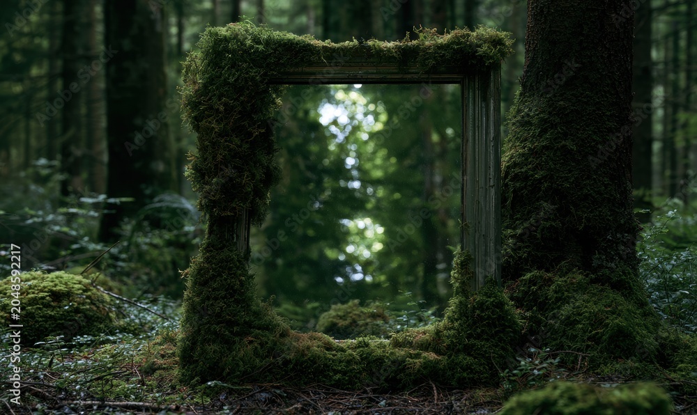 Fototapeta premium Weathered wooden frame covered with moss in a forest setting