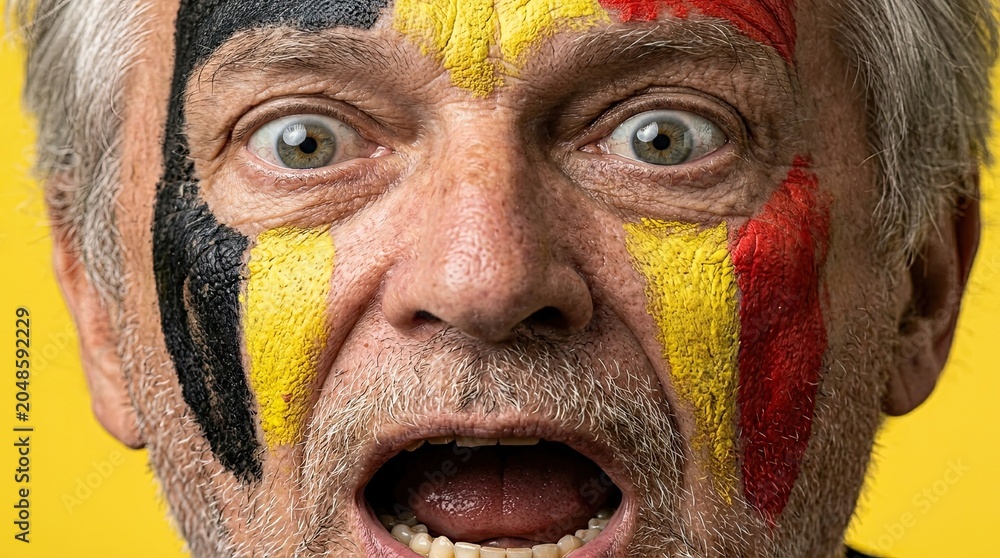 Obraz premium Elderly Man With Stunned Face Painted With Belgian Flag Colors, Excited Football Fan