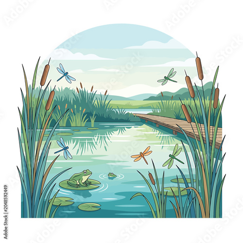 Dragonflies by serene pond with cattails.