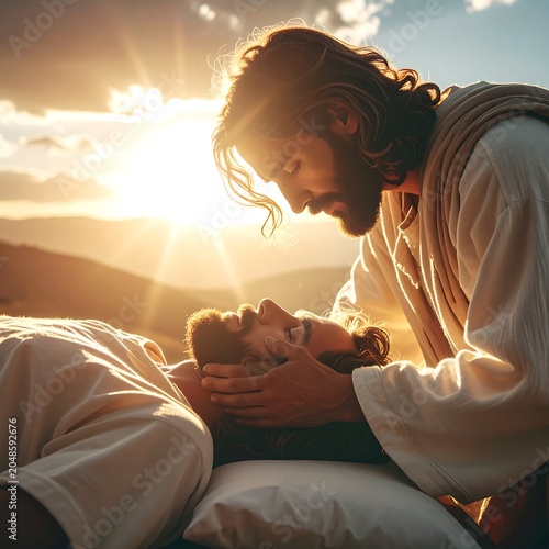 A man gently touches another's face at sunset