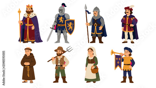 Foto Medieval characters set with king knight guard monk and townsfolk