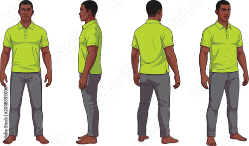 Εκτύπωση καμβά Cartoon Man in Bright Neon Green Polo Shirt and Dark Jeans with Red Shoes Shown