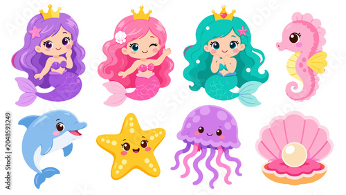 Photography Cute mermaids and sea animals cartoon vector set
