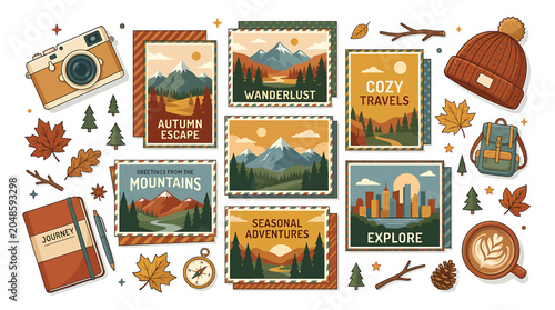Autumn travel adventure sticker set.