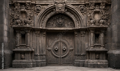 Ancient stone facade with carved details and massive wooden doors