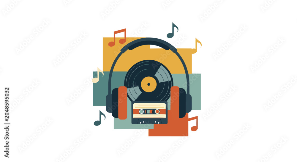 Naklejka premium A colorful retro record player wearing headphones with music notes around it illustrating sound and playback