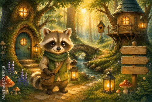 A cute cartoon raccoon with a lantern in an enchanted forest with a treehouse, mushrooms and fairy lights around