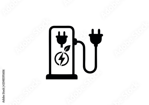 Electric Vehicle Charging Station Icon with Plug, Cable, Lightning Bolt and Leaf Symbol in Black and White Design Representing Eco‑Friendly Transportation and Renewable Energy Concept
