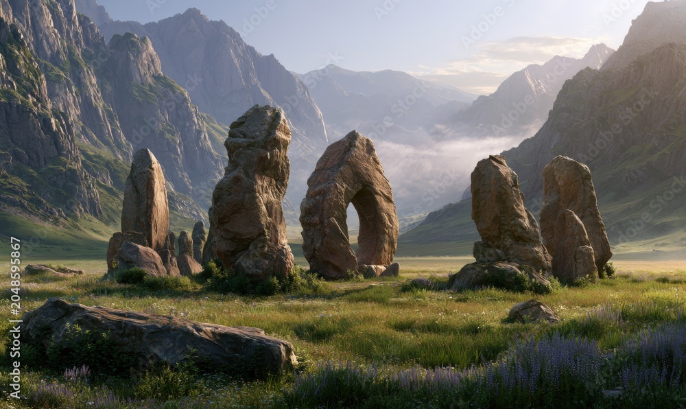 Naklejka premium Majestic rock formations stand in open field
