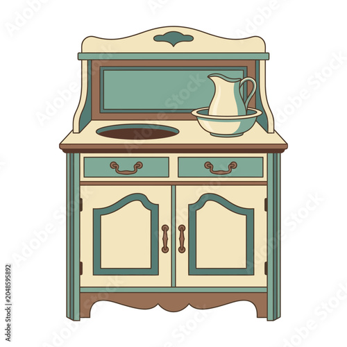 Vintage washstand with mirror, basin and pitcher