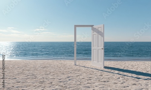 Open white door on beach facing ocean