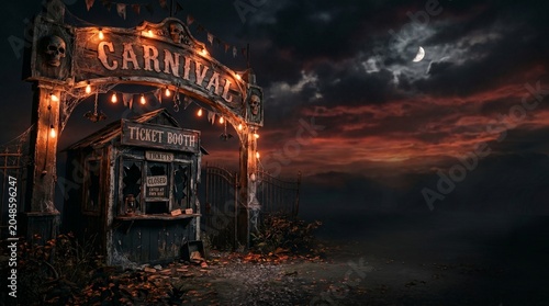 Abandoned carnival entrance at dusk with eerie lighting and overcast sky