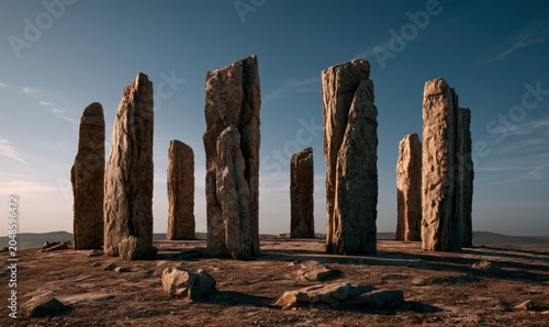 Sunlight bathes massive stone pillars in warm hues