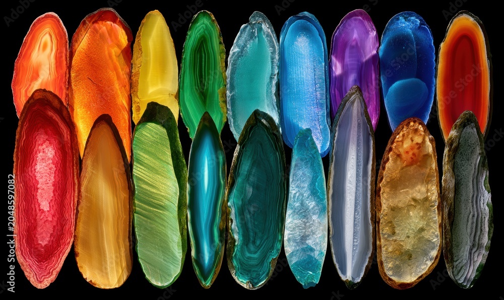 Obraz premium Polished agate specimens showcase vibrant colors in a spectrum layout