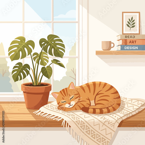 Schilderij op canvas Cat Sleeping on Window Sill Next to Plant.