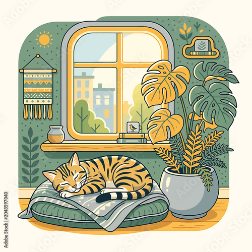 Photos Cat Sleeping on Pillow Beside Plant.